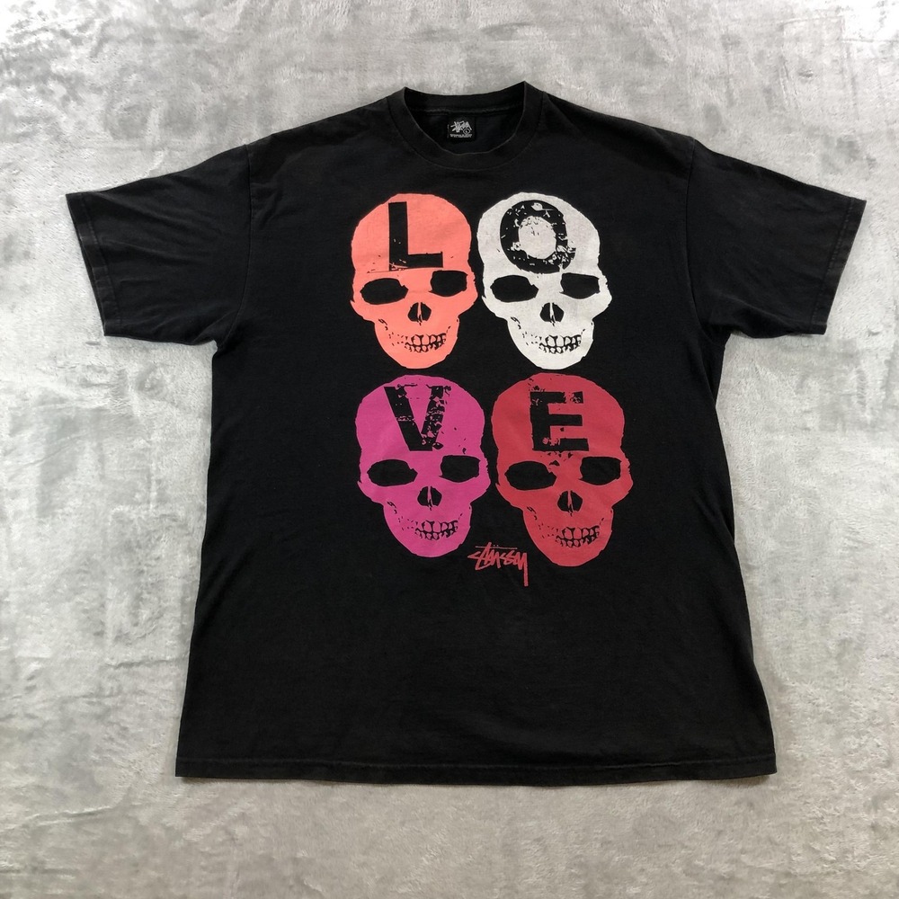 Stussy Shirt Mens Large Black Love Hate Skull Graphic Tee Double Sided